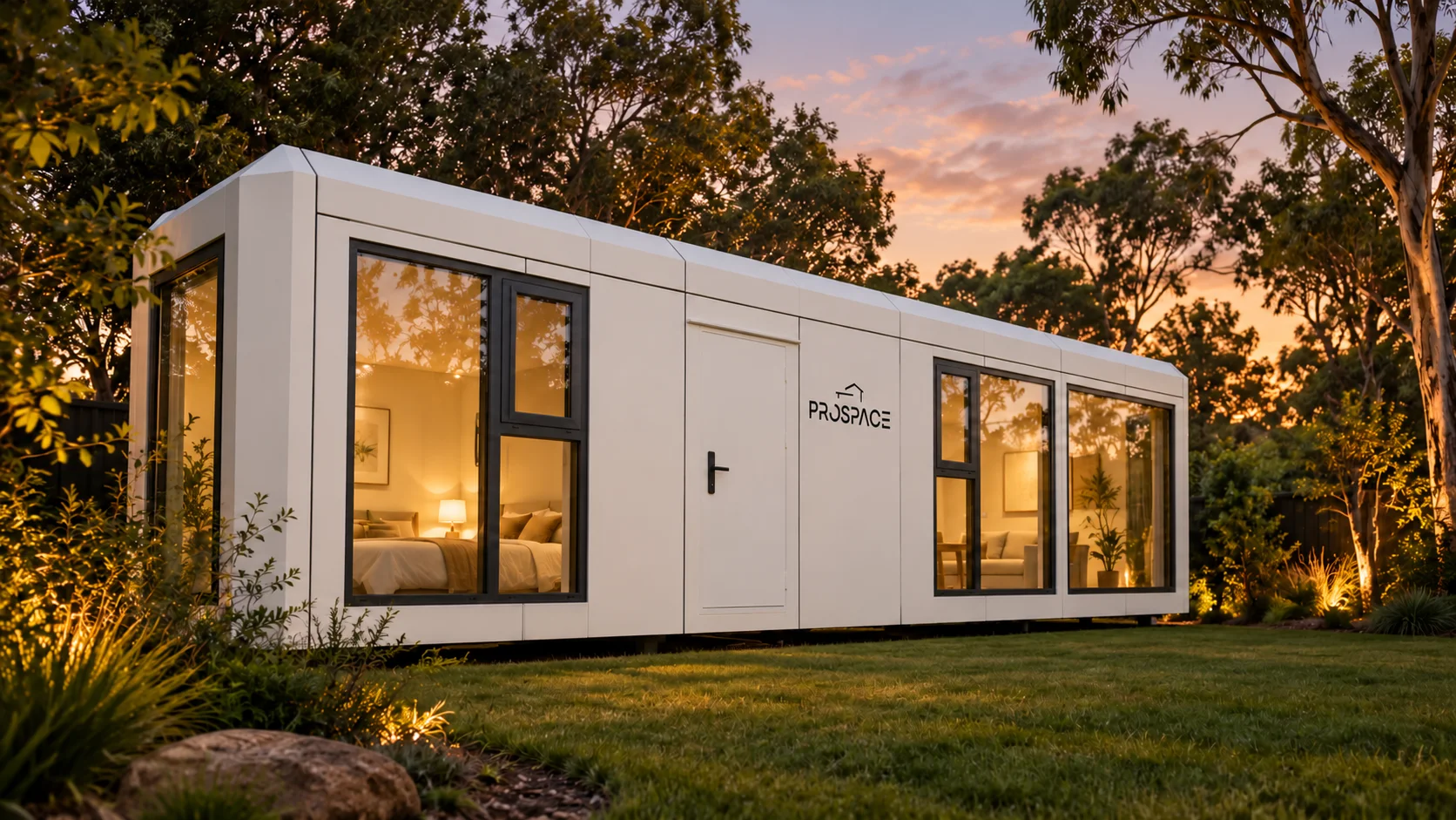 White modular capsule home in a landscaped Australian backyard at dusk
