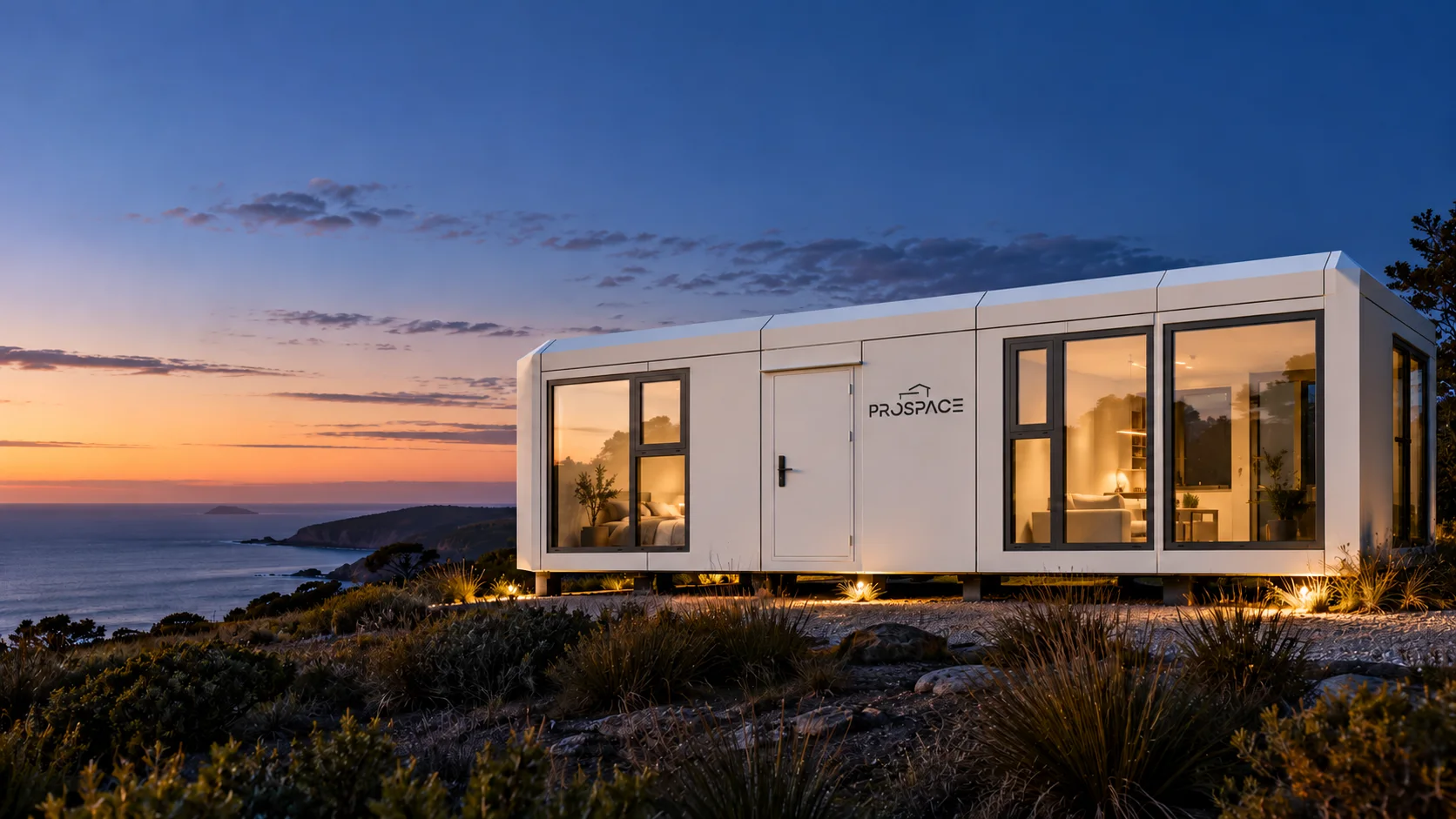 White ProSpace-style rectangular capsule home at a coastal site at dusk