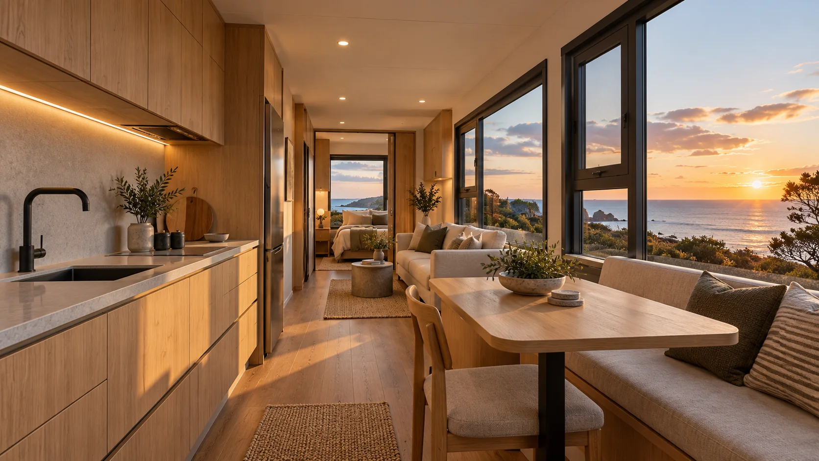 Interior concept showing a long capsule living space with rectangular dark-framed windows