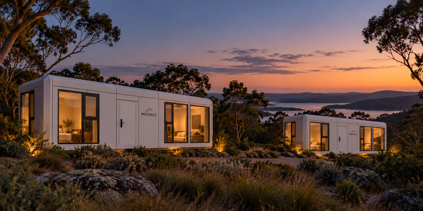 Two white modular capsule homes in an Australian retreat landscape at dusk